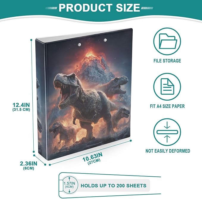 T. Rex Volcano and Dinosaur Binder 3 Ring 1.5 Inch Binder with Clipboard&Pockets, Hardcover Binders Heavy Duty Large File Folder for Office School Supplies - Holds 200 Sheets, 2 PC