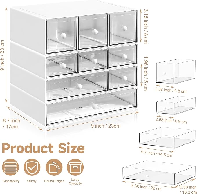 Desk Organizer with 9 Drawers, 4 Tiers Stackable Storage Drawers, Desktop Storage Box with Clear Drawers for Stationery, Makeup, Jewelry, Office and Craft Supplies (White)