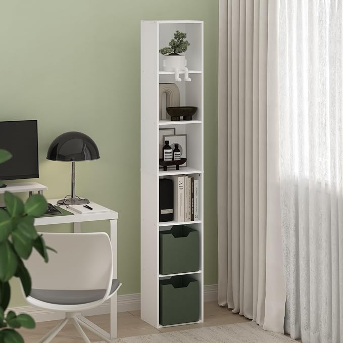 Furinno LUDER Book Shelf, 6-Tier Tall Modern Bookshelf, Bookcase with Open Shelves, 9.3 x 12 x 71, for Living Room, Bedroom, Home Office, White