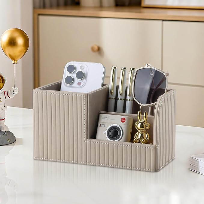 Desk Pen Organizer Office Supplies Caddy Pu Leather Multi-function Storage Box Pen/Pencil,Cell phone, Business Name Cards Remote Control Holder (Mocha Beige)