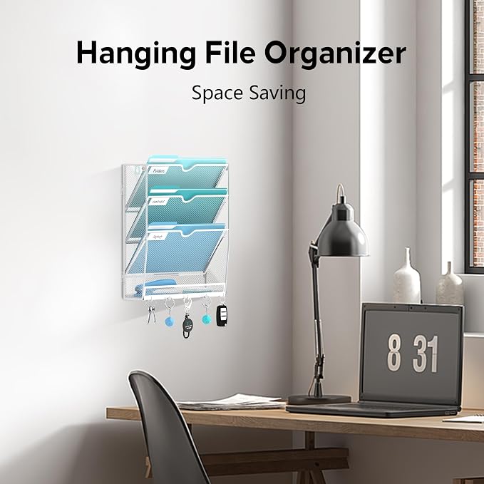4-Tier Wall File Organizer and Mail Organizer with 5 Hooks, White | Label slots, curved openings, 5 key hooks, and a bottom tray support organized mail, file, and everyday item storage.