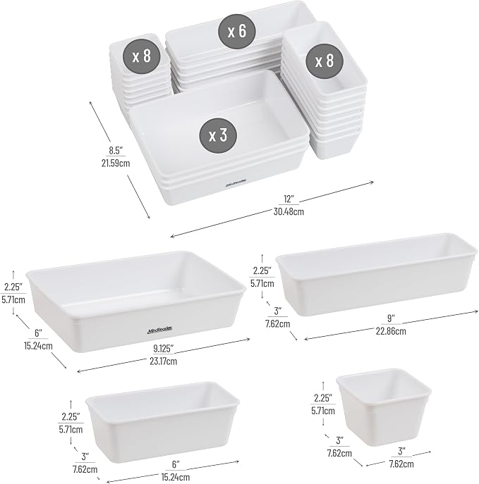 Mind Reader 25-Piece Drawer Organizer Set, Storage Trays for Kitchen, Bathroom, Office, Makeup, Jewelry & More, Junk Drawer Tray, Utensil Holder, Plastic, White