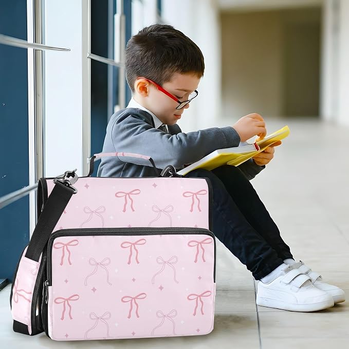 Pink Bows Star Pink Zipper Binder with Shoulder Strap Bag 3 Ring Binder Organizer Large Capacity Multiple Compartments for School Office