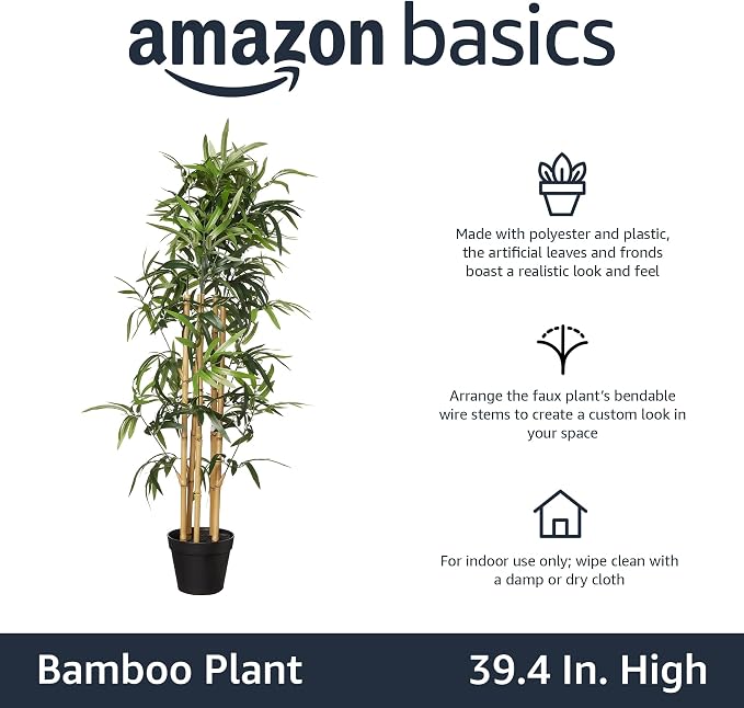 Amazon Basics Artificial Bamboo Plant with Plastic Planter Pot, 39.4", Green, Home Office Decor, Floor Plant