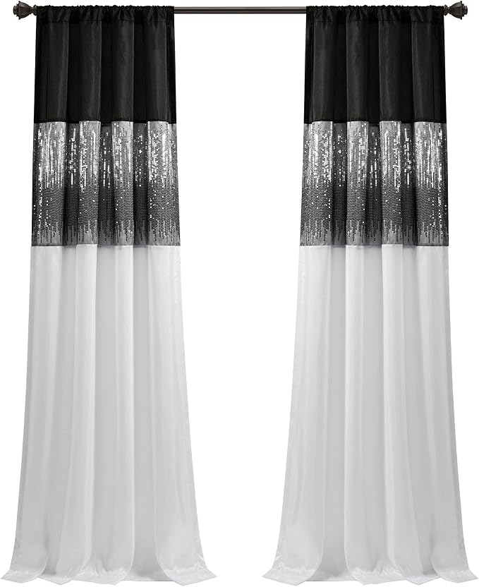 Lush Decor Night Sky Window Curtain Panel, Single, 42" W x 108" L, Black & White - Sequin Curtains - Sparkle & Color Block Design - Modern Glam Decor - Extra Long Curtains For Bedroom & Living Room