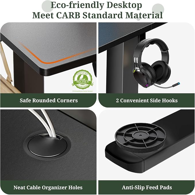 55 x 24 in Electric Standing Desk - Memory Height Adjustable | Ergonomic Sit-to-Stand Rising Computer Table Gaming Workstations with 2 Hooks and Wire Hole for Home Office, Black