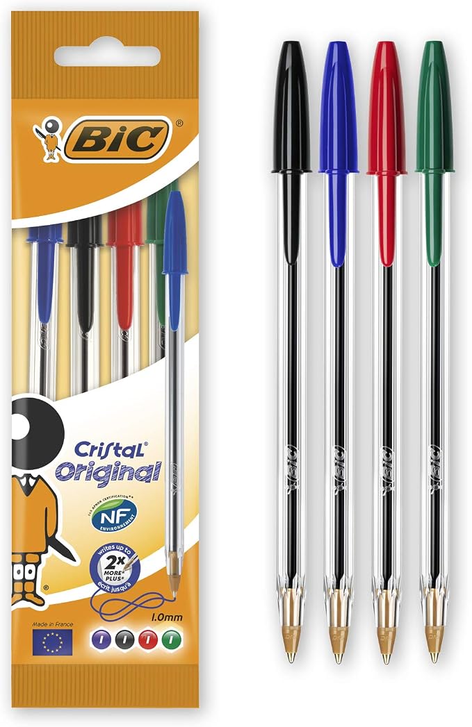 BiC Cristal Original Ballpoint Pens, Assorted Colours, Pack of 4