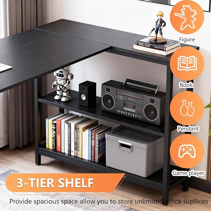 FDW L-Shaped Gaming Desk 43 Inch Computer Desk Corner Desks with Reversible Side Storage Shelves Study Desk Metal Frame PC Work Table for Home Office Dorm Sturdy Writing Workstation,Dark Black