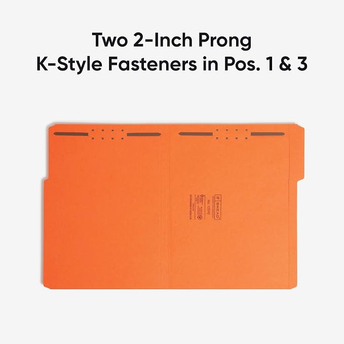 Smead Fastener File Folders, Reinforced 1/3-Cut Tabs, 2 Fasteners, Letter Size, Orange, 50 per Box (12540)