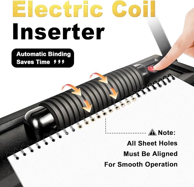 HOUYEE Spiral Coil Binding Machine with 100 Pack 3/8"(10mm) Coils & Pliers | 4:1 Pitch, 20 Sheet Punch Capacity, Quick Electric Coil Insert, 46 Disengaging Pins, Adjustable Margin,Fit Letter Size/A4/A5