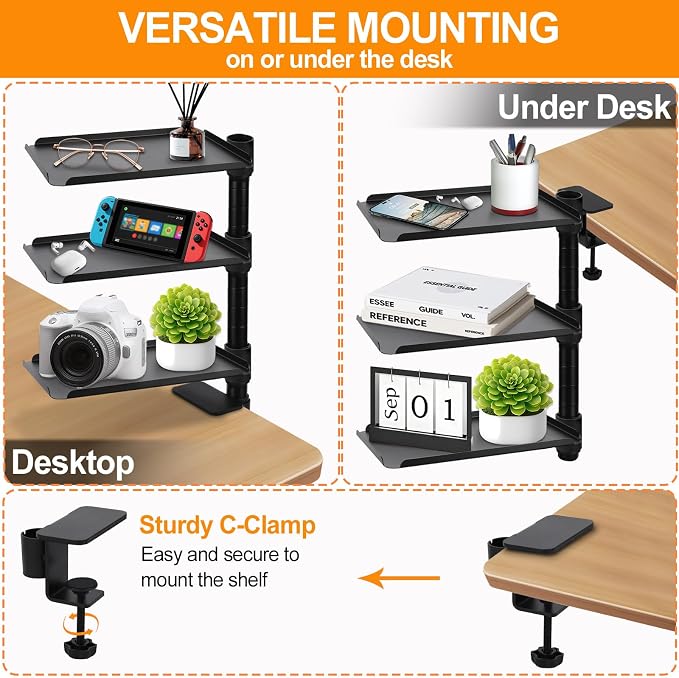 3 Tier Clamp On Desk Shelf,360° Rotatable Adjustable Above or Under Desktop Organizer,Carbon Steel Storage Tray for Home Office and Gaming Accessories（Black）