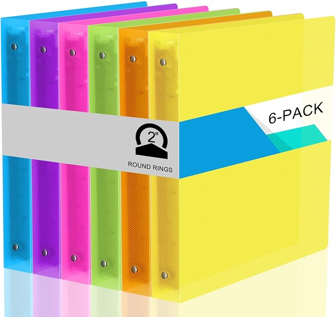 Fulmoon 6 Pack 2 Inch Plastic 3 Ring Binders with Pockets, Neon Colors | Flexible Covers with Round Rings and Front Pockets for Organizing Papers at School, Office, Meetings and Presentations