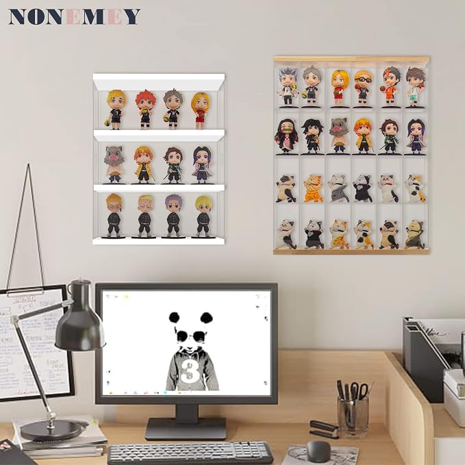 NONEMEY Clear Acrylic Display Case Stand 3 Tier Storage Box Wall Mount Showcase Dustproof Organizer Box for Collectibles (White 3Tier 12×3.3×15inch)