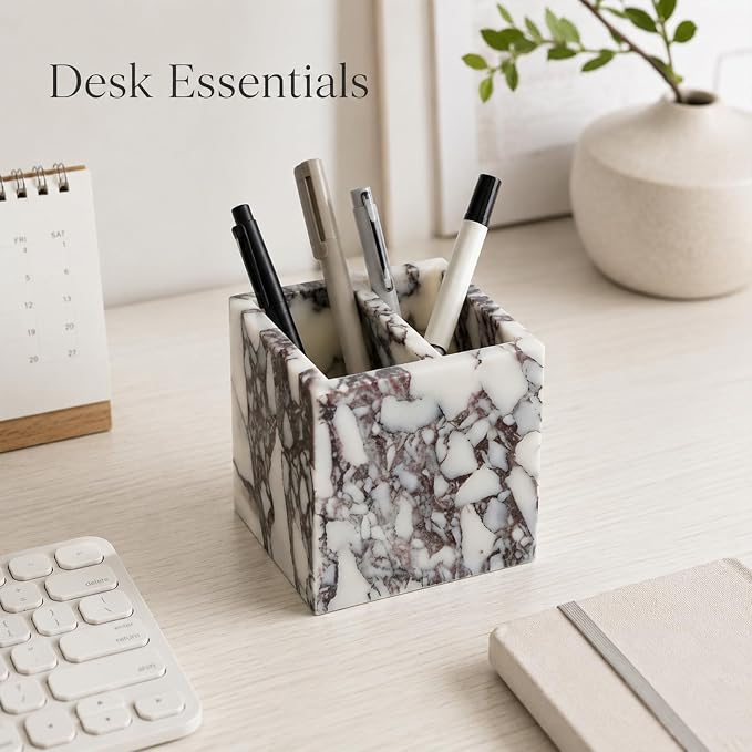 2-Compartment Marble Pen Holder, 3.74 in | Compact 2-section marble holder for pens, makeup brushes, toothbrushes, razors, and slim daily items.