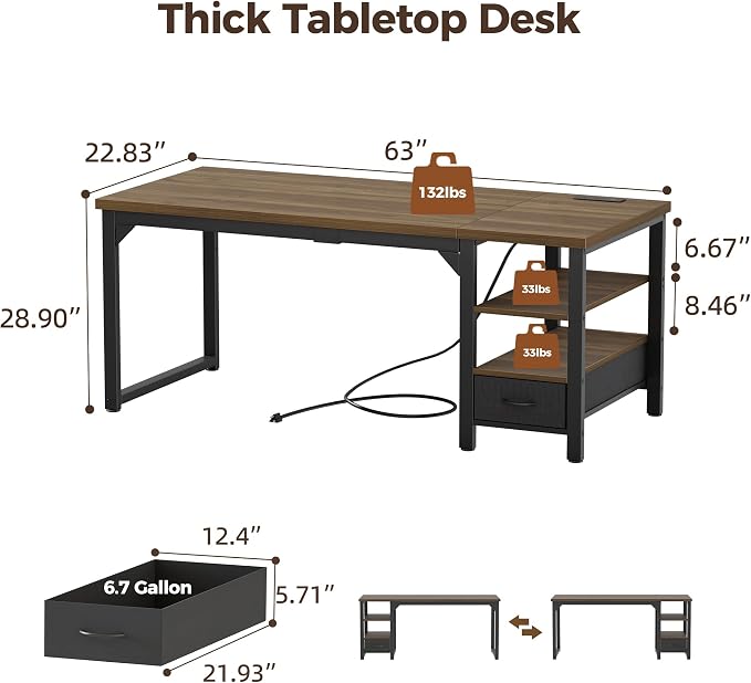 63" Computer Desk with Drawer, 1.2" Thick Reversible Office Desk | Modern Writing Table with Power Outlets & Storage Shelves, Heavy Duty Industrial Executive Desk for Home Bedroom Study Work