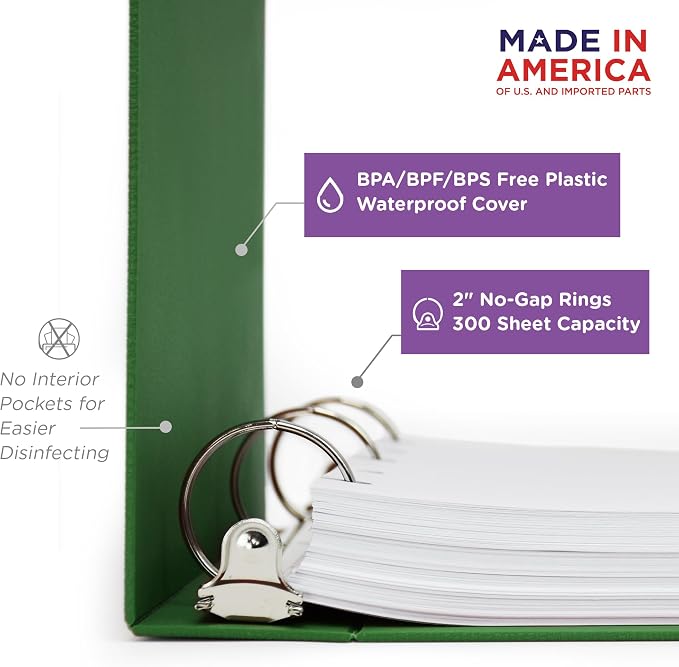 Carstens 2-Inch Heavy Duty 3-Ring Binder - Side Opening, Leaf Green, Durable Plastic, Precision No-Gap Rings, Waterproof Covers, No Pockets, Holds 300 US Letter Sheets, BPA-Free, Made in USA (2844-3R)