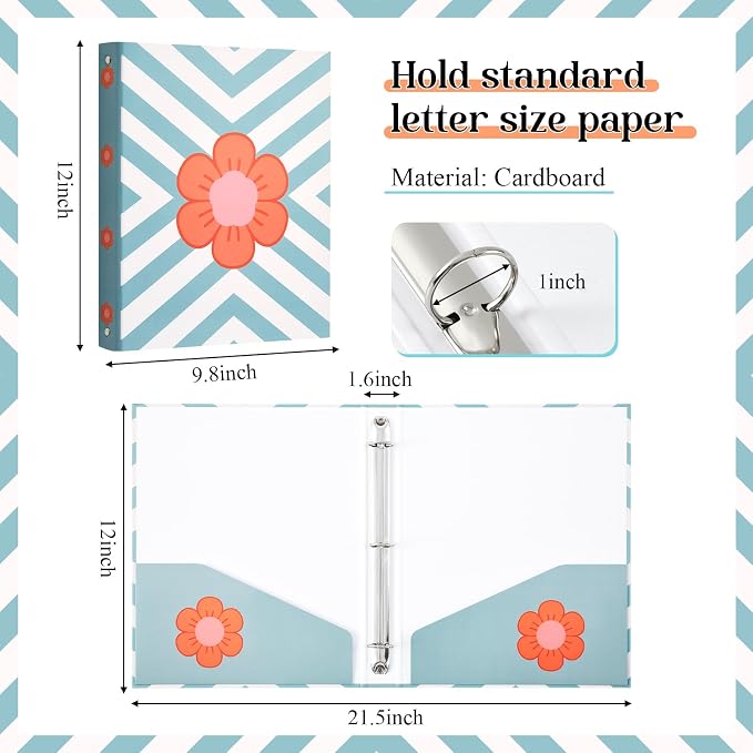 ReliThick 4 Pcs Retro Plaid Floral 3 Ring Binder, 1 Inch Round Ring with Interior Pockets, Decorative Retro Binders, Clipboard Binder, Groovy School Supplies for School Office, Letter Size