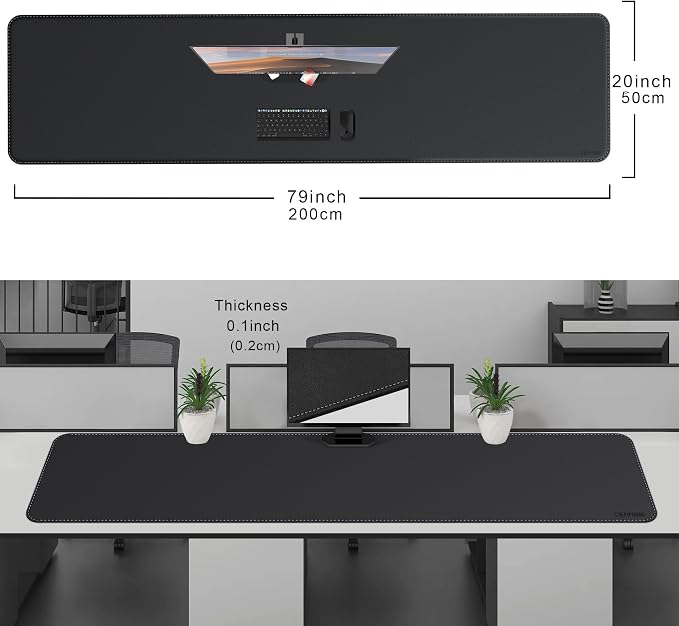 CENNBIE Leather Desk Mat, 78.7" x 19.6" Desk Mat on top of desks (Black) | Premium stitched edges resist wear. Easy to clean. Protects desk from spills, stains ,scratches. Smooth glide. Office & home.