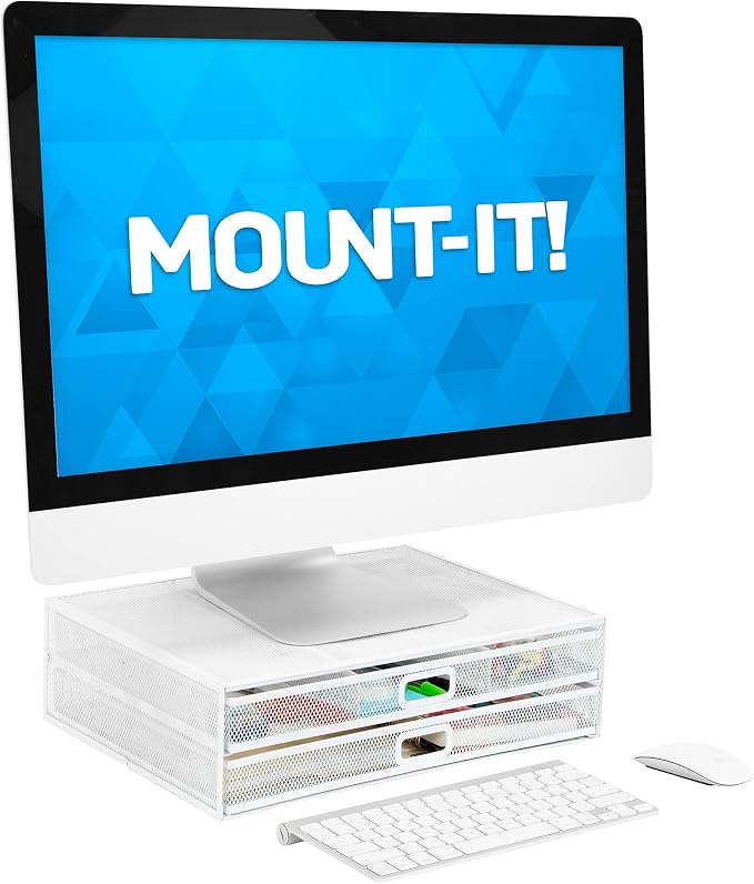 Mount-It! Mesh Computer Monitor Stand Riser [Metal] Desk Organizer with Two Pullout Storage Drawers for Desktop, Laptop, and Printer Accessories and Office Supplies (White)