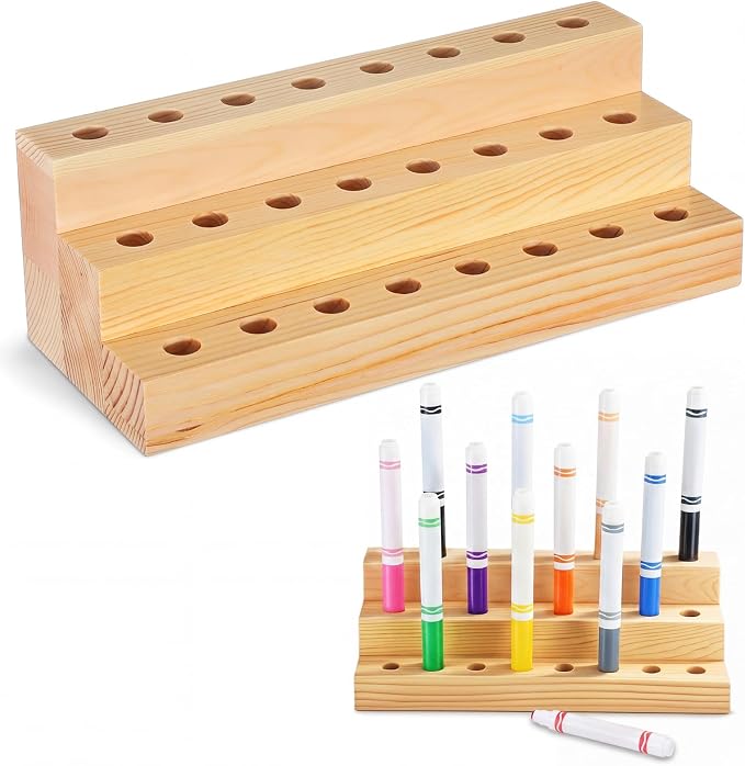 Cinnvoice Wooden Marker Stand Marker Pen Holder Storage Organizer for Classroom Display Stand Paint Brush Holder for Organization Storage Supplies (24 Holes)