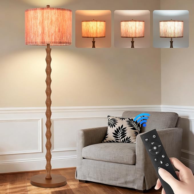 Wood Floor Lamps for Living Room Boho Farmhouse Floor Lamp with Remote Control,Dimmable Vintage Floor Lamp Mid Century Modern Standing Lamp with 3 Color Temperature Tall Floor Lamps For Bedroom Corner
