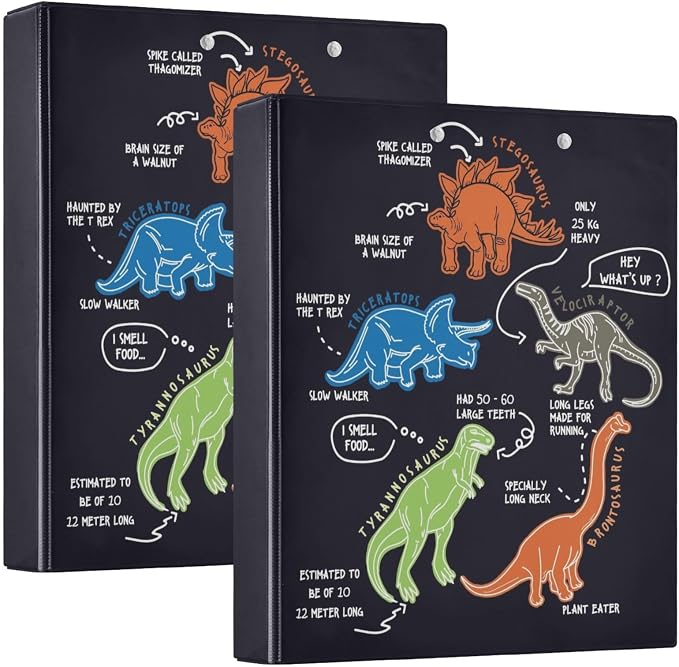 Dinosaur Cartoon Black Decorative 3 Ring Binder 1.5 Inch Large View Binders with Pockets File Organizer for Office College School, 2 Pack