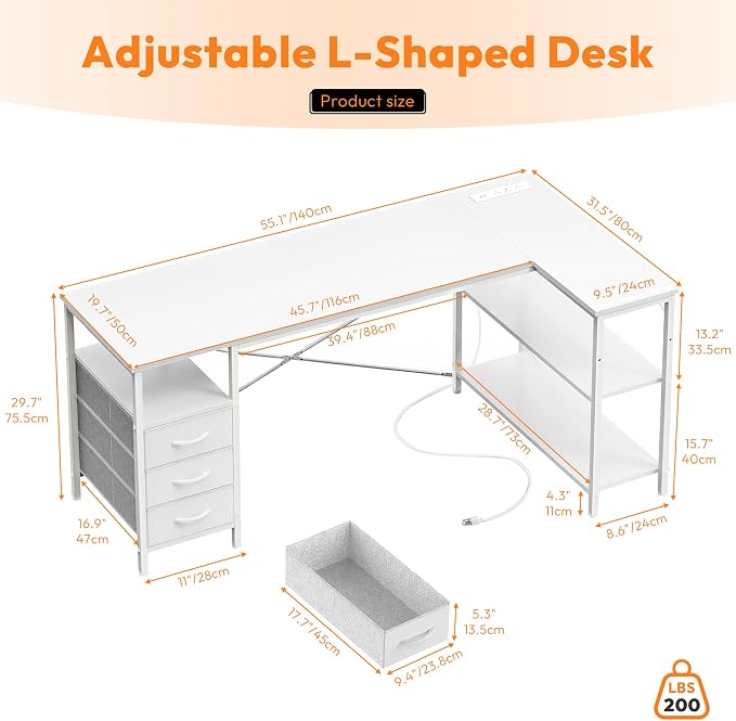 Alpen L Shaped Computer Desk, 55 Inch Corner Desk with Drawers and Power Outlets, Home Office Desk for Gaming, Study Writing PC Table with Storage and Reversible Shelf, White
