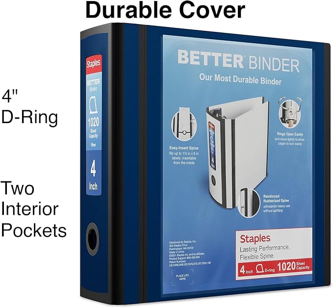 Staples Better 4-Inch D-Ring View Binder, Blue, 800 Sheets | Reinforced spine for high-capacity office and school document storage.