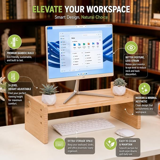 Bamboo Monitor Stand for Desk, 3-Level Adjustable Monitor Riser, Wooden Desktop Shelf Organizer, Portable and adjustable Laptop Stand for Desk, Macbook stand and Computer Tower Stand, TV Riser Printer Stand, Space Saving Desk Shelf