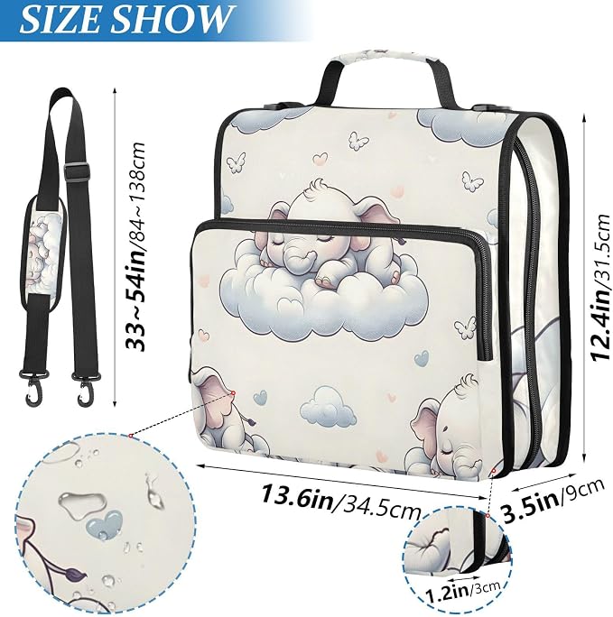 3 Ring Zipper Binder with Shoulder Strap Elephants Animal Forest 2 Inch Zippered Binder Bag 500 Sheet Capacity Multi Pockets for School Supplies