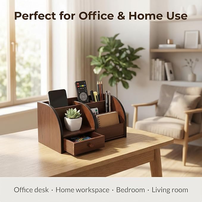Wooden Desk Organizer with Drawer, Multi-Compartment Desktop Storage for Office Supplies, Remote Control, Phone, Makeup & Accessories