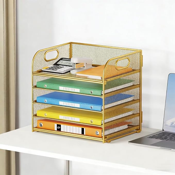 Lavatino Desk Paper Organizer Trays, Gold 5-Tier Mesh File Folder Sorter with Handles, Letter Holder Organizer for Office, Home, School Supplies Storage & Organization
