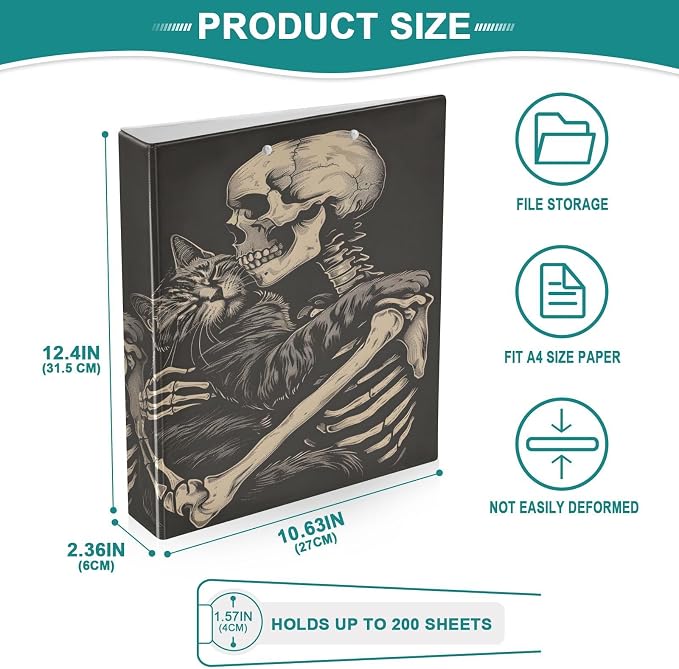 Funny Cat Skeleton Skull Black 3 Ring Binder with 2 Interior Pockets 1.5 inch Binders 3 Ring Heavy Duty Fit 8.5" x 11" Letter Size for Office School, 2 Pack
