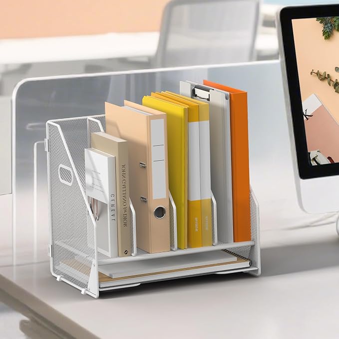 4 Vertical Mesh Desk Organizer with Paper Letter Tray, White | Sorting racks with lower letter tray section. Multipurpose mesh desktop space saver for home office and school