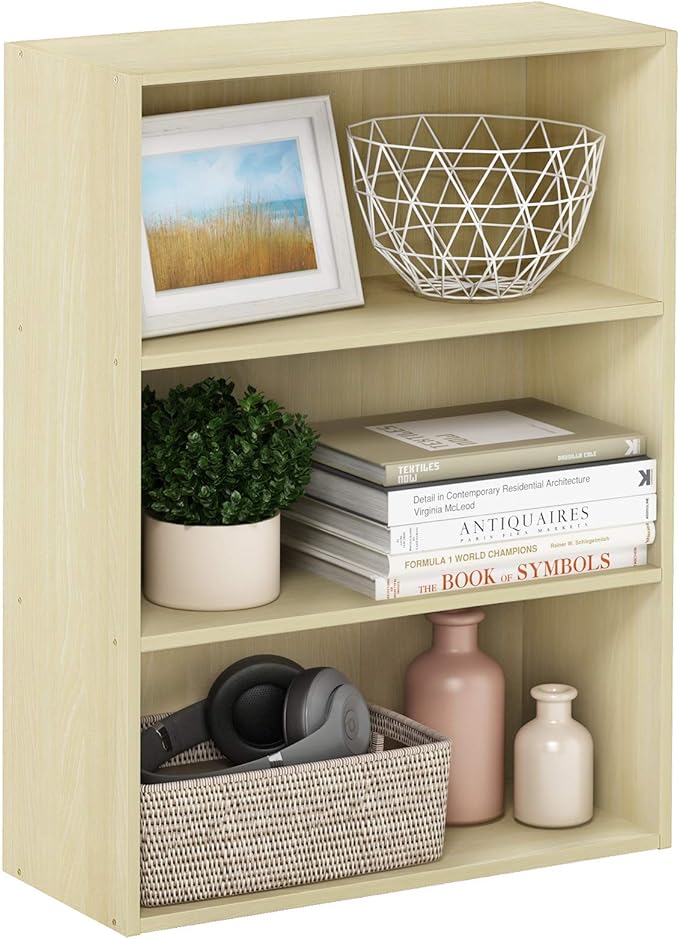 Furinno PASIR Book Shelf, 3-Tier Bookshelf, Storage Shelves Bookcase, 9.7 x 23.7 x 31.5, for Living Room, Bedroom, Home Office, Maple