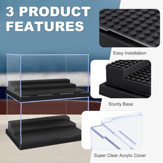 Pokiiulk Display Cases for Minifigures, 2 Mini-Figure Display Boxes Fits for Block Figures, Minifigures Cases with 3 Removable Stands Fits for 95% Minifigs, Characters, L, Black