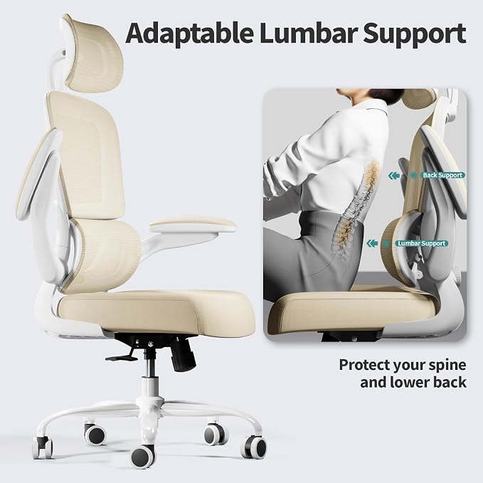 TRALT Office Chair Ergonomic Desk Chair - Gaming Chair with Lumbar Support | 330 LBS Home Office Desk Chairs with Headrest, Reading Chair with Flip-up Armrests, Comfortable Computer Chairs (1, Beige)
