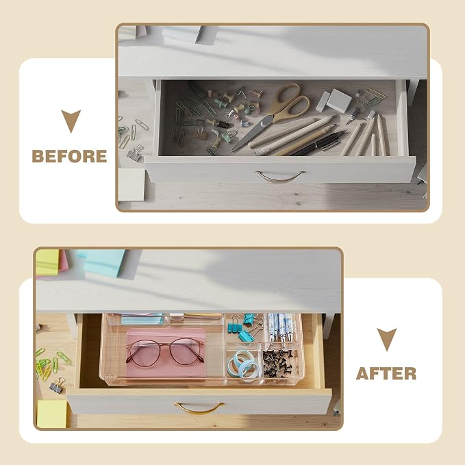 Briwooody 3 Pcs Clear Acrylic Desk Drawer Organizer 13.7 x 8.7 x 2 Inch Drawer Organizer Trays with 8 Compartments Desk Accessories for Office Makeup Silverware Bathroom