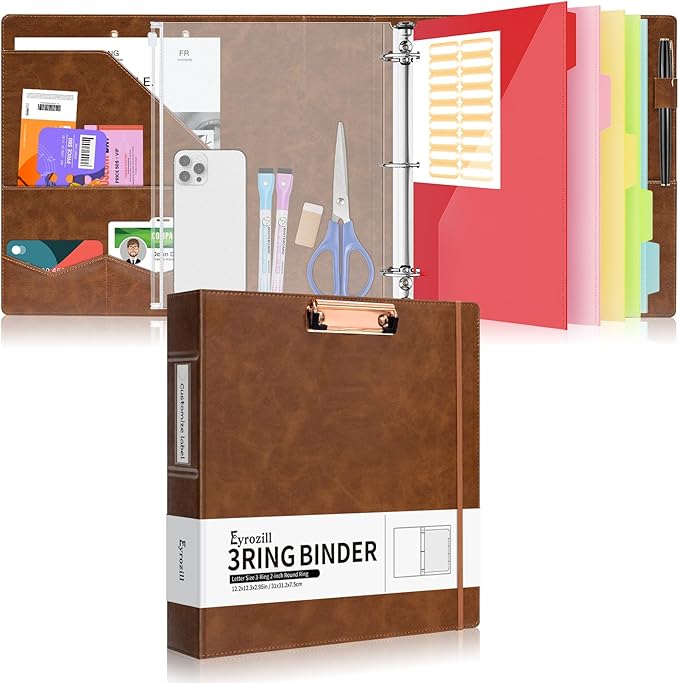 Eyrozill Professional Leather Portfolio with Clipboard, Zipper Pouch, 5 Sheets Plastic Dividers，Leather 3 Ring Binder 8.5 x 11, 2-inch Round Rings, Brown