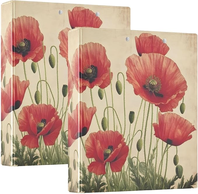 3 Ring Binder Red Poppy Flowers Vintage Poppies Floral 1.5 inch Binders Three Ring Binders with Clipboard Fit 8.5'' x 11'' Paper 3 Interior PVC Clear Pockets for Office Supplies
