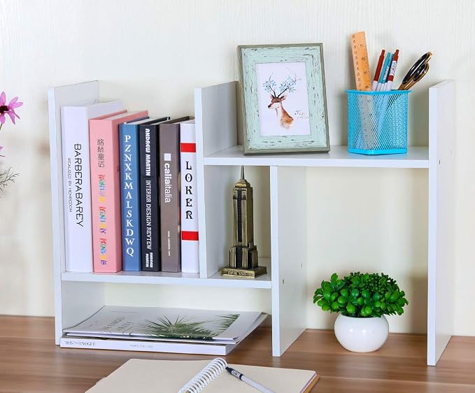 Adjustable Desktop Shelf Wood Small Bookshelf Desk Supplies Organizers and Accessories Storage Display Rack Office Decor, White