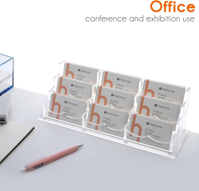 HeZone Business Card Holder for Desk, Multiple Cards Display Stand Rack for Women and Men, Clear Acrylic Card Organizer 9 Slot 3 Tiers