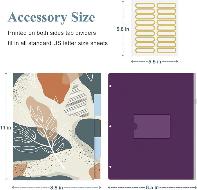 3 Ring Binder, 3 Inches Round Ring Binder with Clipboard, Dividers Tabs, PVC Zipper Bag Sleeves & to Do List Planners for Women, Men, School, Office Supplies,Boho Leaf