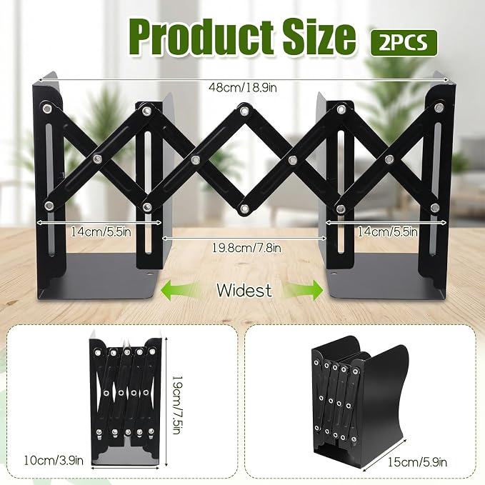 2 Pcs Adjustable Bookends, 2 Dividers, Metal Book Ends | for Heavy Books Anti-Slip Book Organizer for Desk Shelves Office, Extends up to 19 inch (Black)