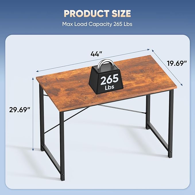 DUMOS 44 Inch Small Computer Desk, Gaming Desks for Home Office Bedroom | Modern Study Writing Work Table, Craft PC Desk Simple Workstation with Reinforcement Structure, Rustic Brown