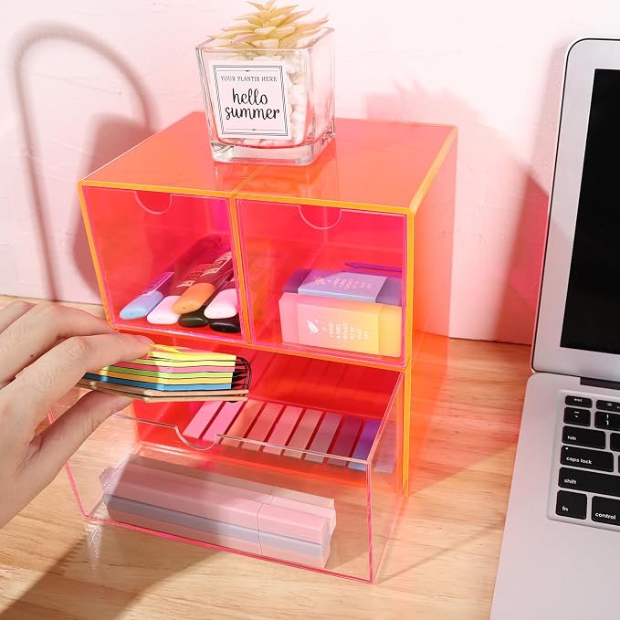 Gelite Desk Organizer with 3 Storage Drawers for Makeup Office Acrylic Desktop Drawer Organizer for Vanity Office Organization and Storage Box, Neon Pink