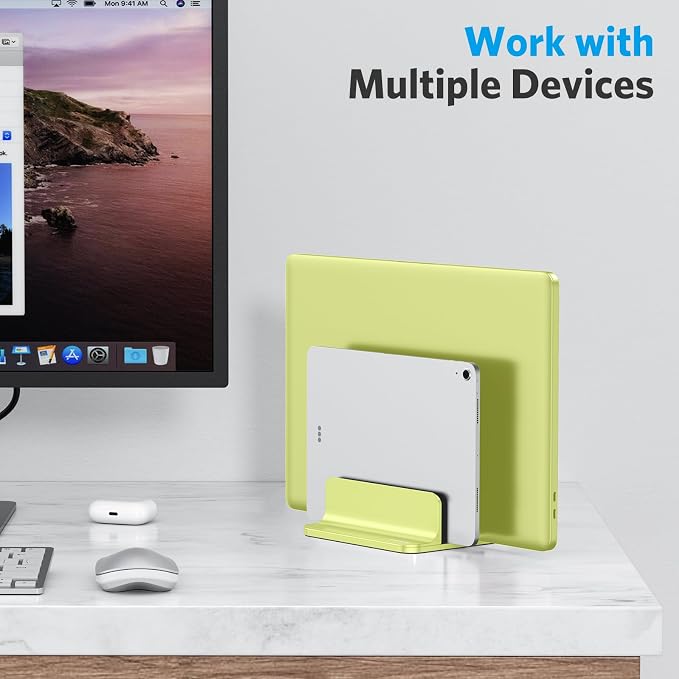 OMOTON Dual Vertical Desk Laptop Stand Holder, Fits MacBook Air/Pro, Citron | Aluminum Laptop Storage Rack for Desk, Adjustable Dock for Up to 17.3 in. Gaming Laptop, Space-Saving Desk Organizer
