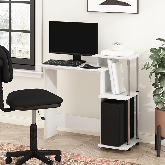 Furinno EFFICIENT Desk, 28.6" Wide Gaming Desk with 3 Open Side Shelves, Laptop Notebook Computer Desk, Office Desk for Home Office, Study Room, Dorm, Bedroom, White Oak/Stainless Steel