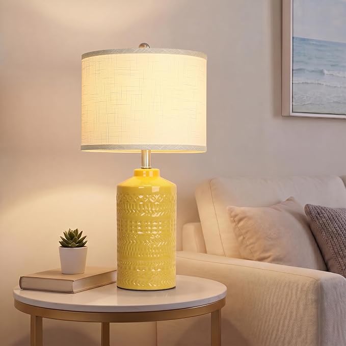JUNNAI 25" Modern Bedside Ceramic Table Lamps for Living Room Mustard Yellow Nightstand 3-Way Dimmable Lamp Farmhouse Lamp for Bedroom Entryway Tabletop(Bulb Included)