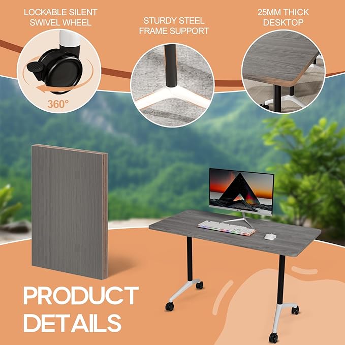 Folding Conference Table 4ft 5ft, Foldable Office Meeting Desk for 6 People, Multiple Sizes Colors Mobile Conference Room Table for Training Room School Business Furniture (2, Grey, 55in)